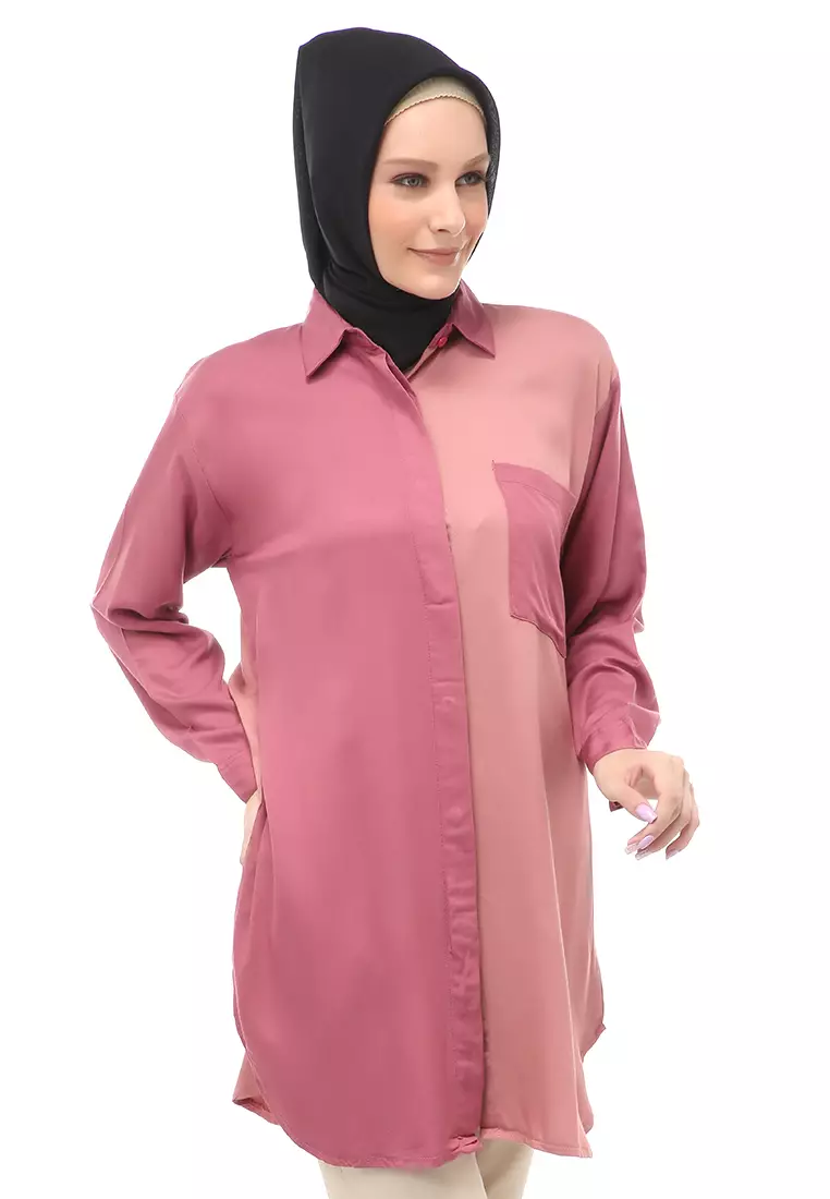 Azika Tunik Muslimah Atasan Wanita Dual Tone Color Relaxed Fit - Pink 005