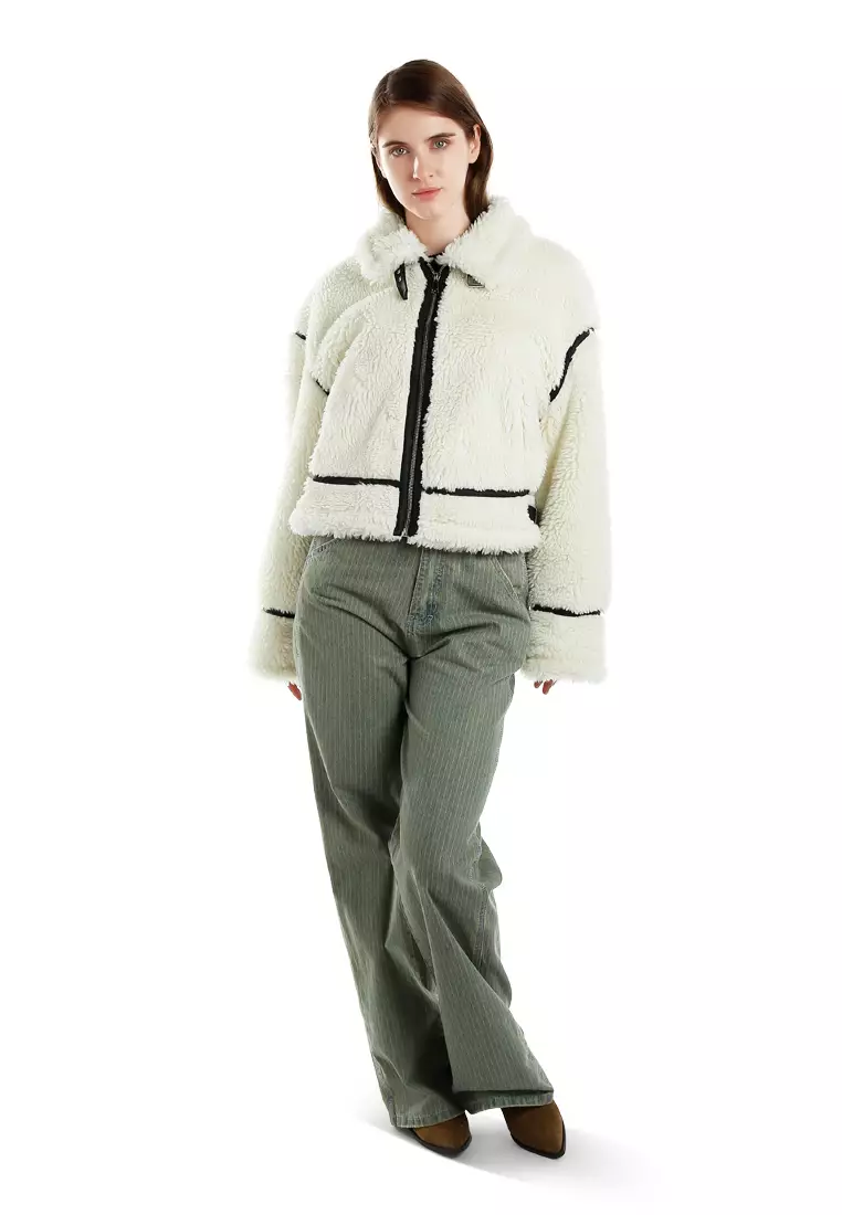 奶油色人造羊毛皮飛行員夾克