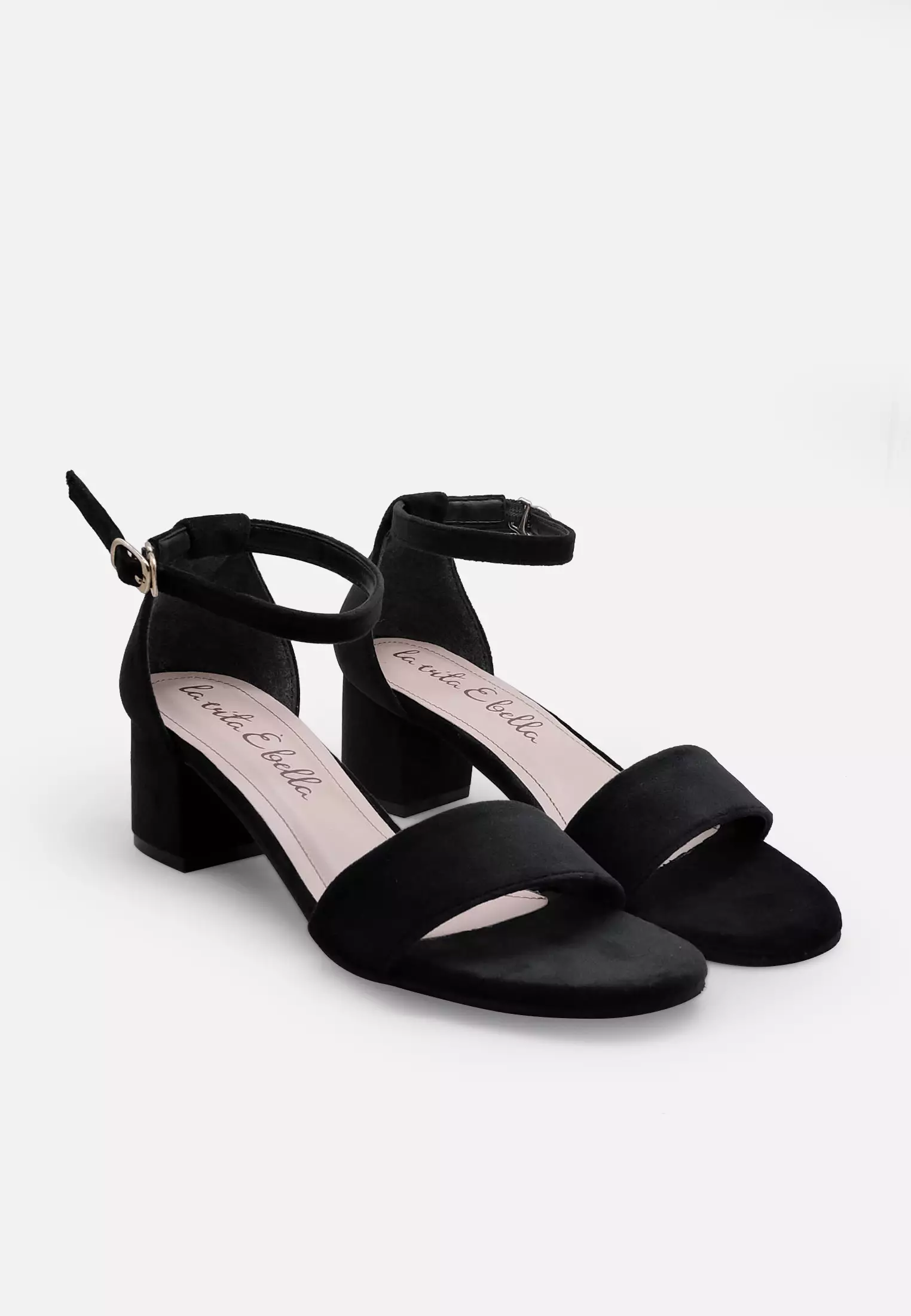 Blanche Ankle Strap Sandal Block Heels Wanita Velvet Suede
