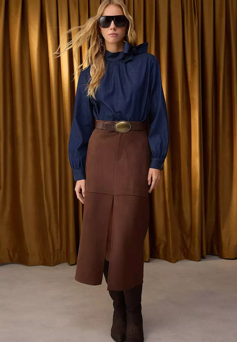 Brown Suede Buttoned Zippered A-Line/Flare Maxi Knit Skirt Twoaw26Et00010