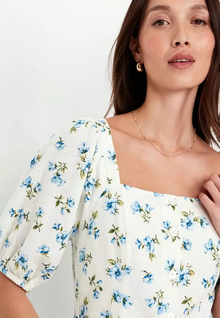 Puff-Sleeve Linen-Blend Floral Top