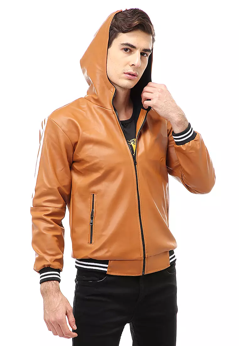 Halbert Outerwear Jaket Kulit Hoodie Pria Model List Material Leather ORIGINAL - Tan