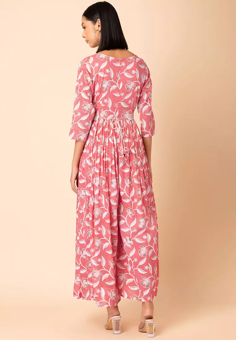 Peach Floral Print Embroidered Mulmul Jumpsuit