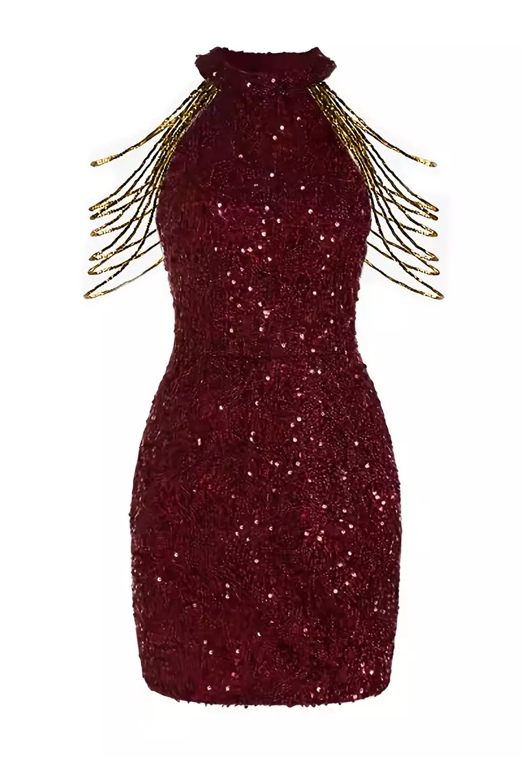 2025時尚掛脖性感水晶亮片流蘇連衣裙CA081626