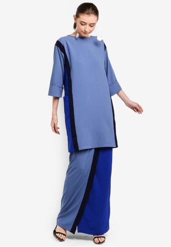 Mondrian Side Pocket Kurung from 3thelabel in black and Grey and Blue