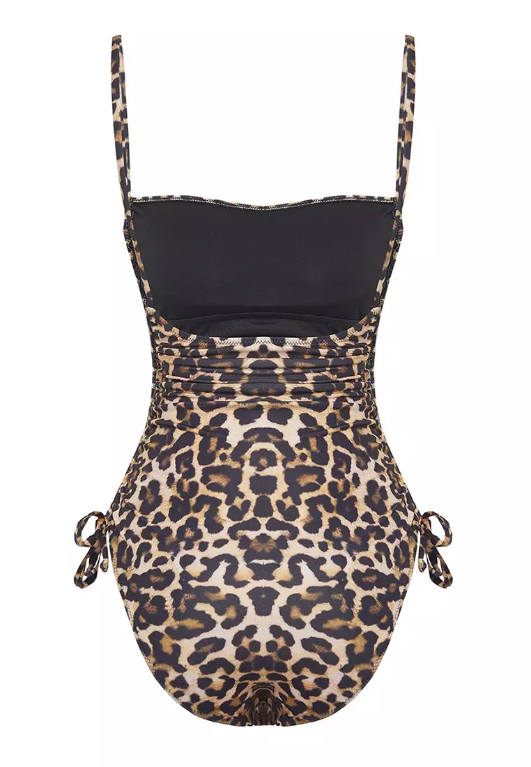 Leopard Patterned Square Neck Gathered Detailed Strappy Brazilian Swimsuit TBESS25MA00066