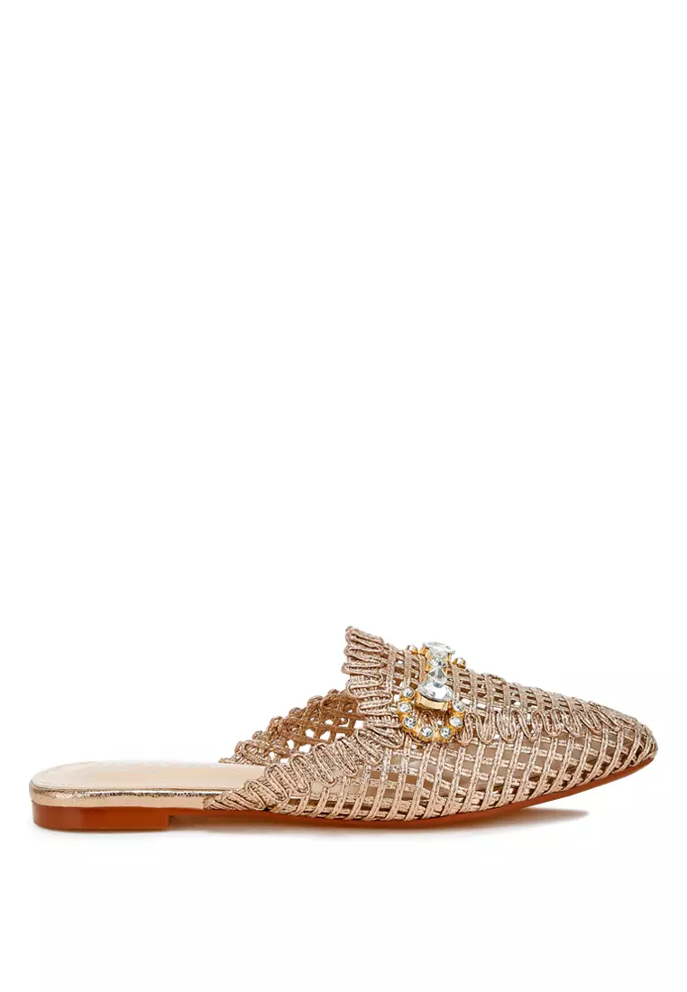 Metallic Woven Diamante Mules in Rose Gold