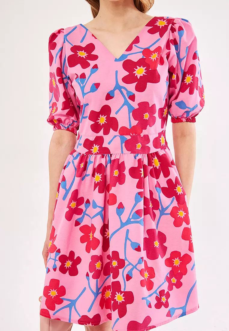 V Neck Balloon Sleeves Mini Dress