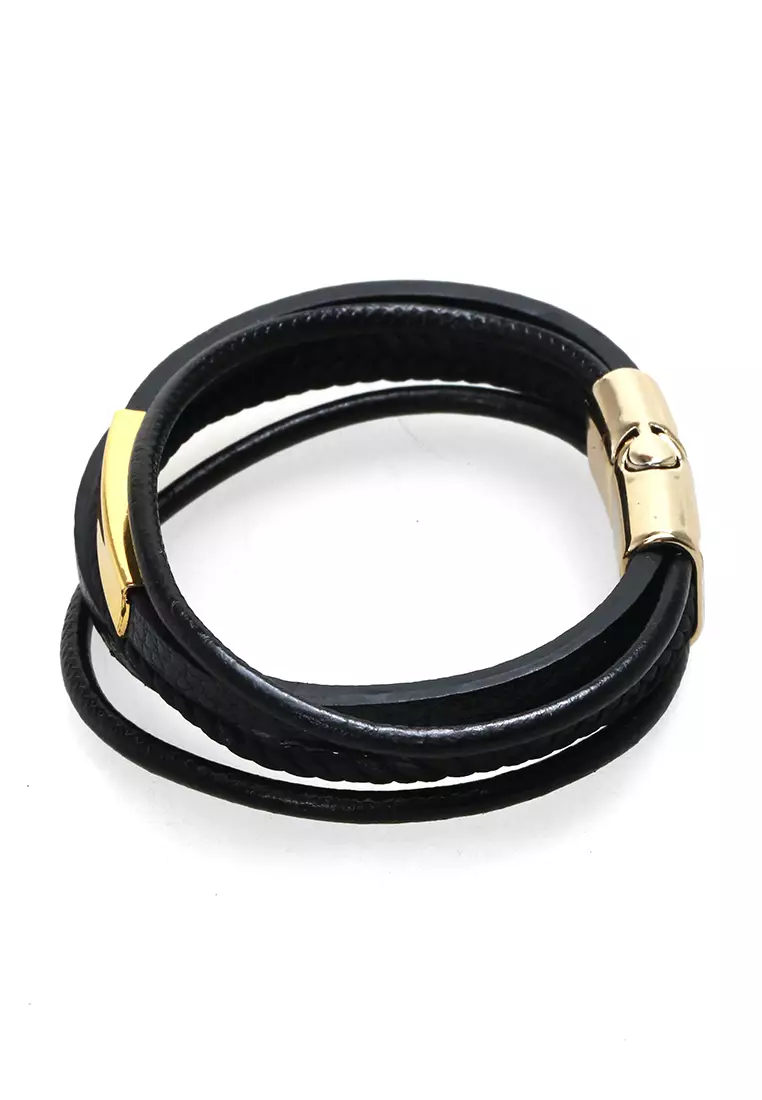 Aleda Gelang Kasual Pria Aksesoris Fashion Adjustable Strap Desain Mix Kepang Material Leather Stainless Steel ORIGINAL - Gold