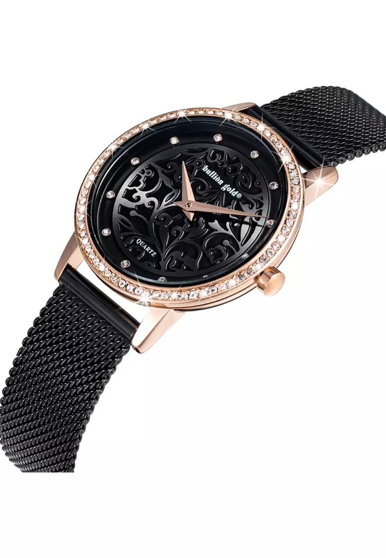 Elite Watch Embellished with Rhinestone - Rose Gold and Black