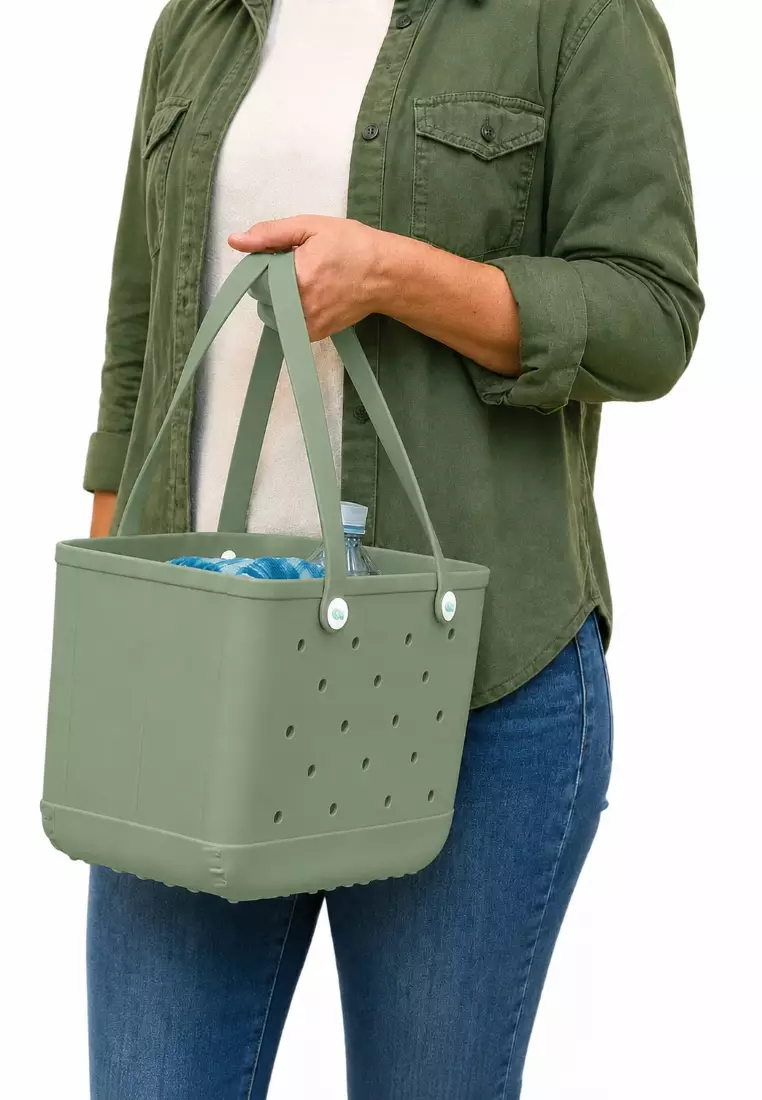 Heavy-Duty Waterproof EVA Rubber Tote Bag Utility Grocery Bag Washable Beach Bag - Forest Green