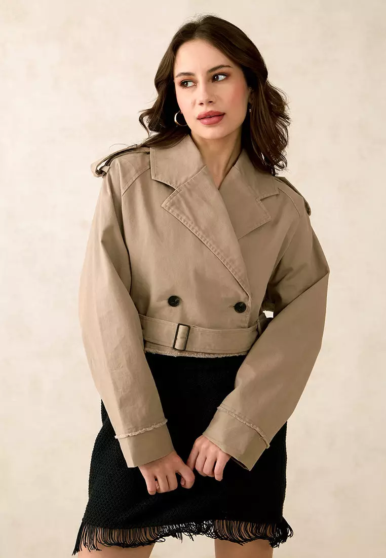 VIRGIO Cotton Stretch Beige Crop Trench Coat