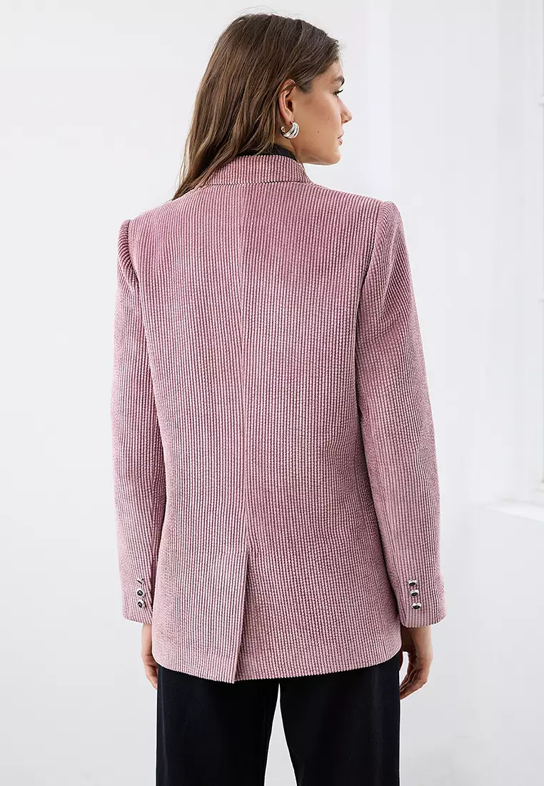 Dusty Rose Double Breasted Regular Fit Corduroy Blazer Jacket