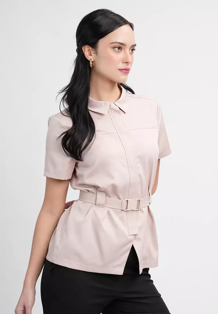 Sophia Belted Collared Top - Short Sleeve Button Blouse