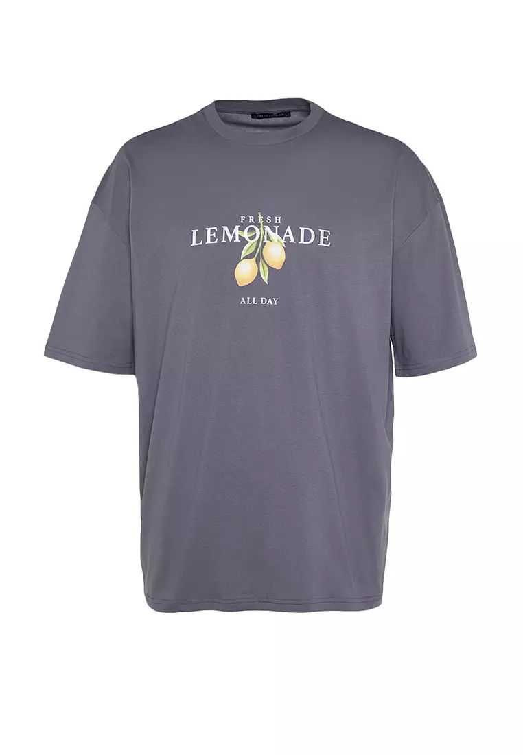 Anthracite Unisex Oversize/Wide Cut Crew Neck Short Sleeve Printed T-Shirt