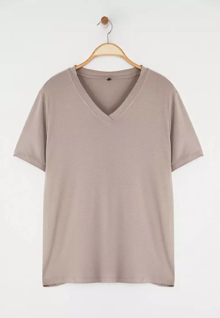Stone Regular Fit V-Neck Big Size T-Shirt Tbbss25Bf00062