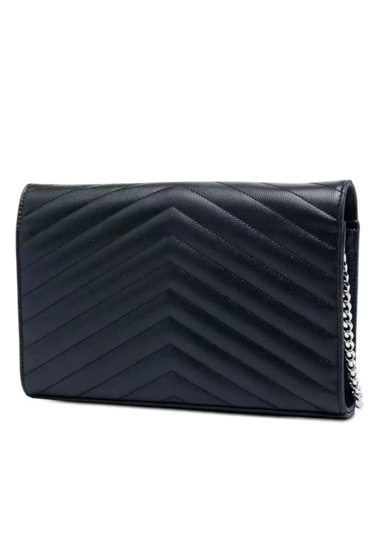 Pre-Loved Saint Laurent Grain De Poudre Chevron Cassandre Envelope Chain Wallet