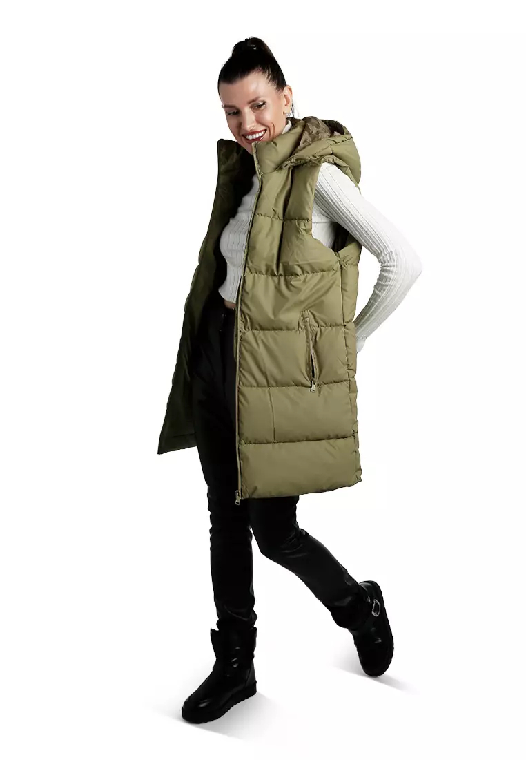 Hooded Sleeveless Vest Jumper in Soft Olive