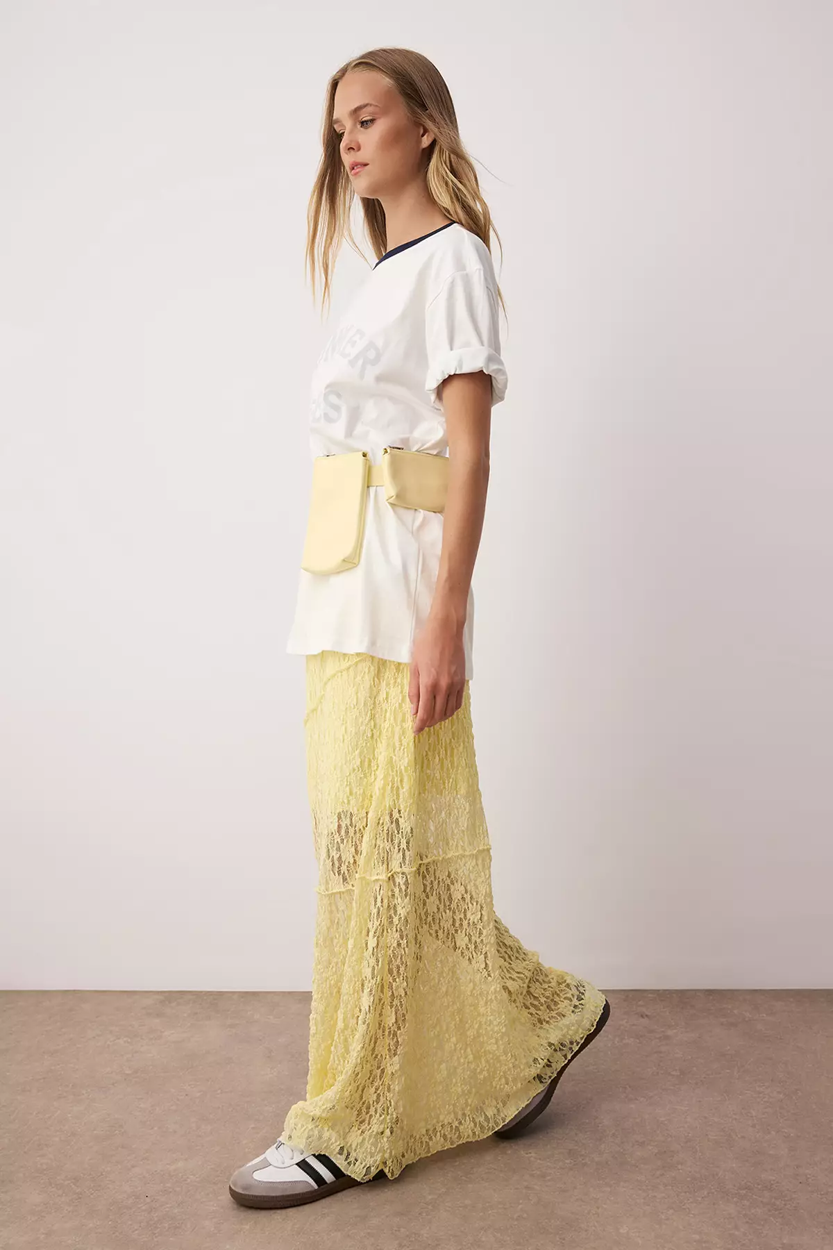 Yellow A Line Lace Lined Maxi Skirt