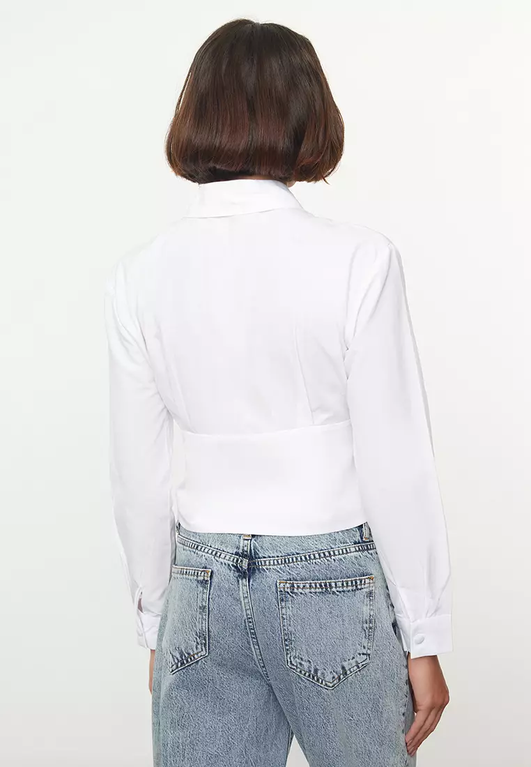 White Waist Fitted Pattern Woven Shirt