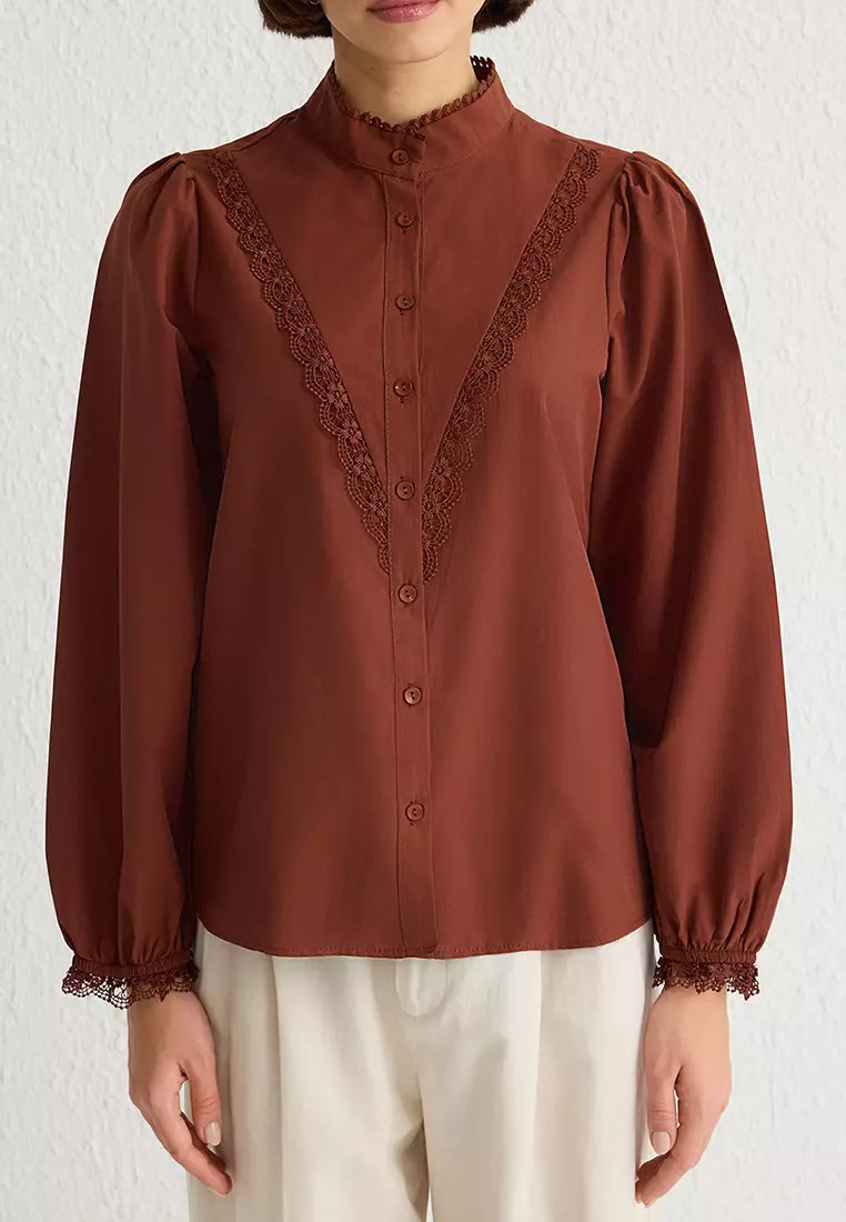 Brown Lace Detail Cotton Regular Regular Pattern Woven Shirt