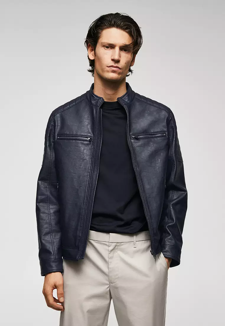 mango blue leather jacket