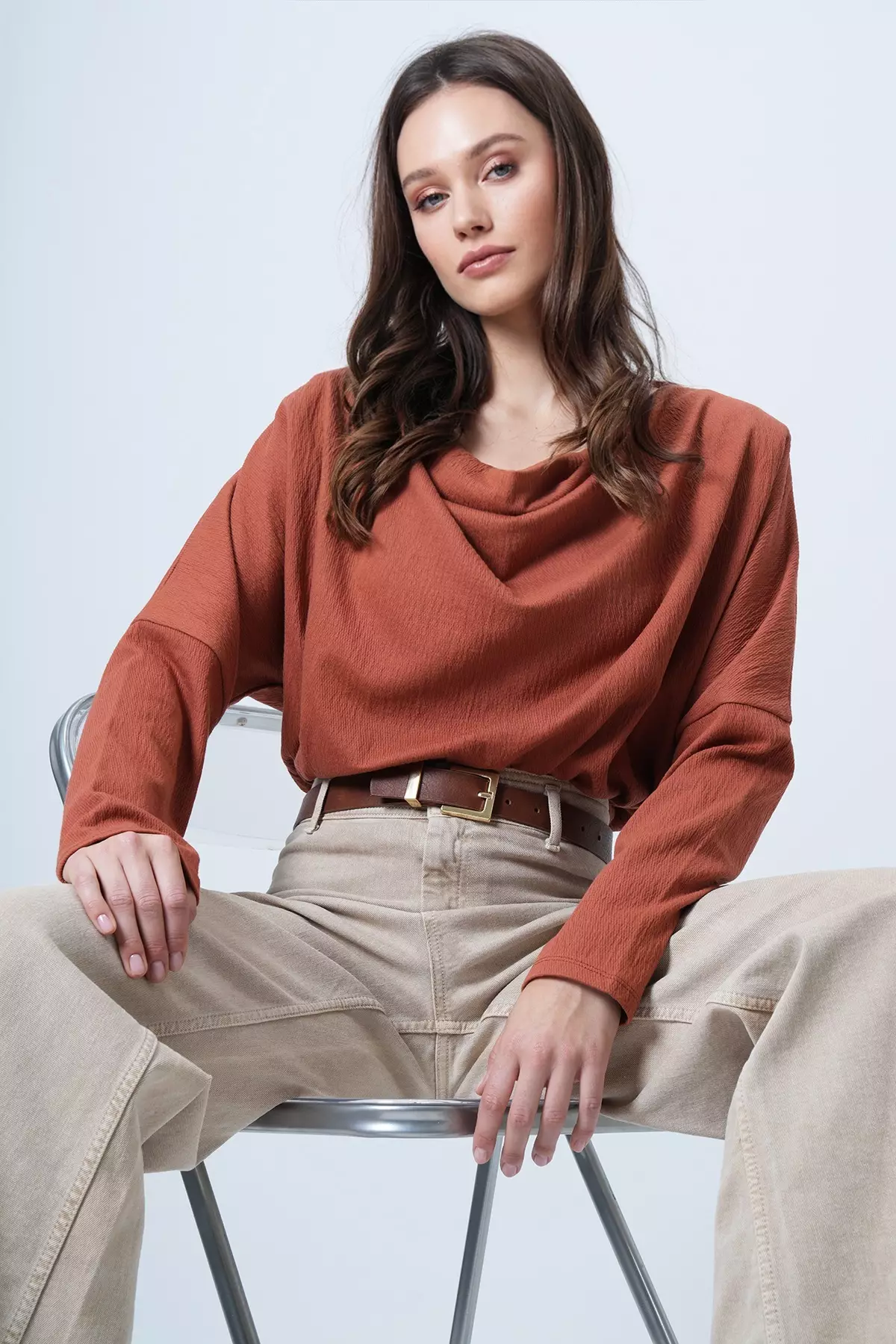Tile Patterned Collar Wide Cut Knitted Blouse Alc-X13126