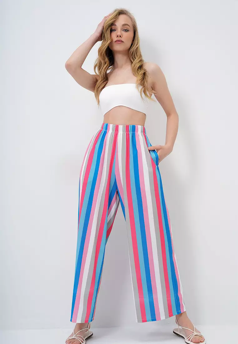 Women's Pink Blue Double Pocket Line Patterned Wide Leg Summer Trousers Alc-X14142