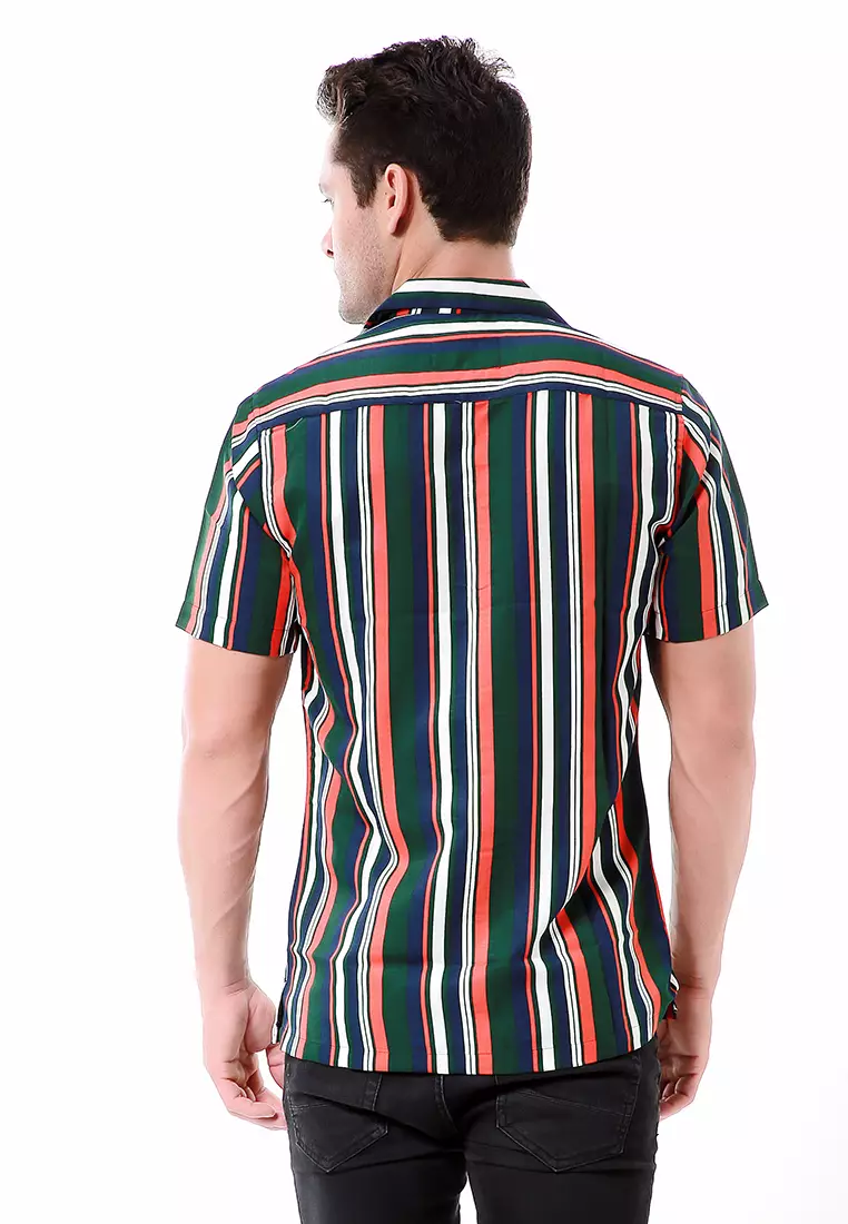 Leopold Atasan Pria Kemeja Motif Salur Lengan Pendek Material Cotton ORIGINAL - Green Orange
