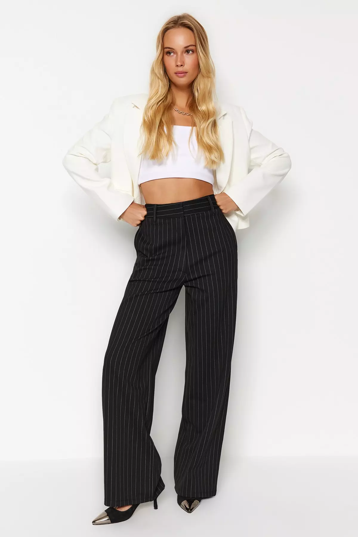 High Waist Striped Straight Trousers