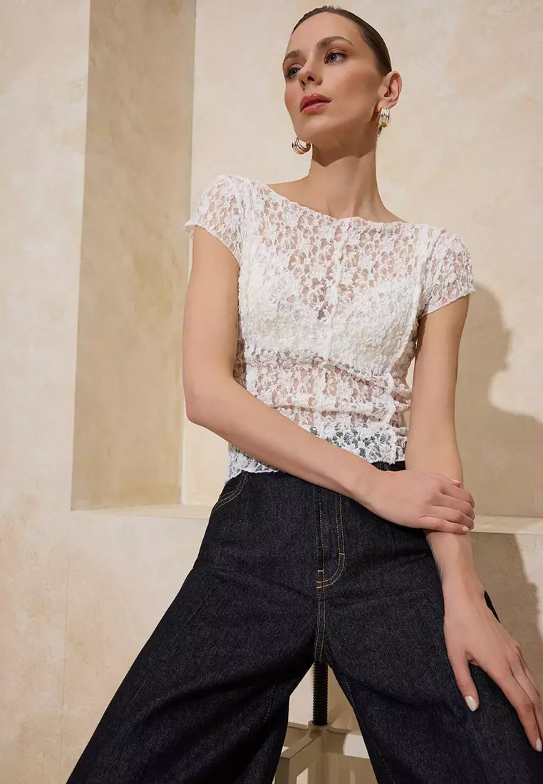 Ecru Fitted/Bodycon Boat Neck Short Sleeve Lace Knitted Blouse Twoss26Bz185