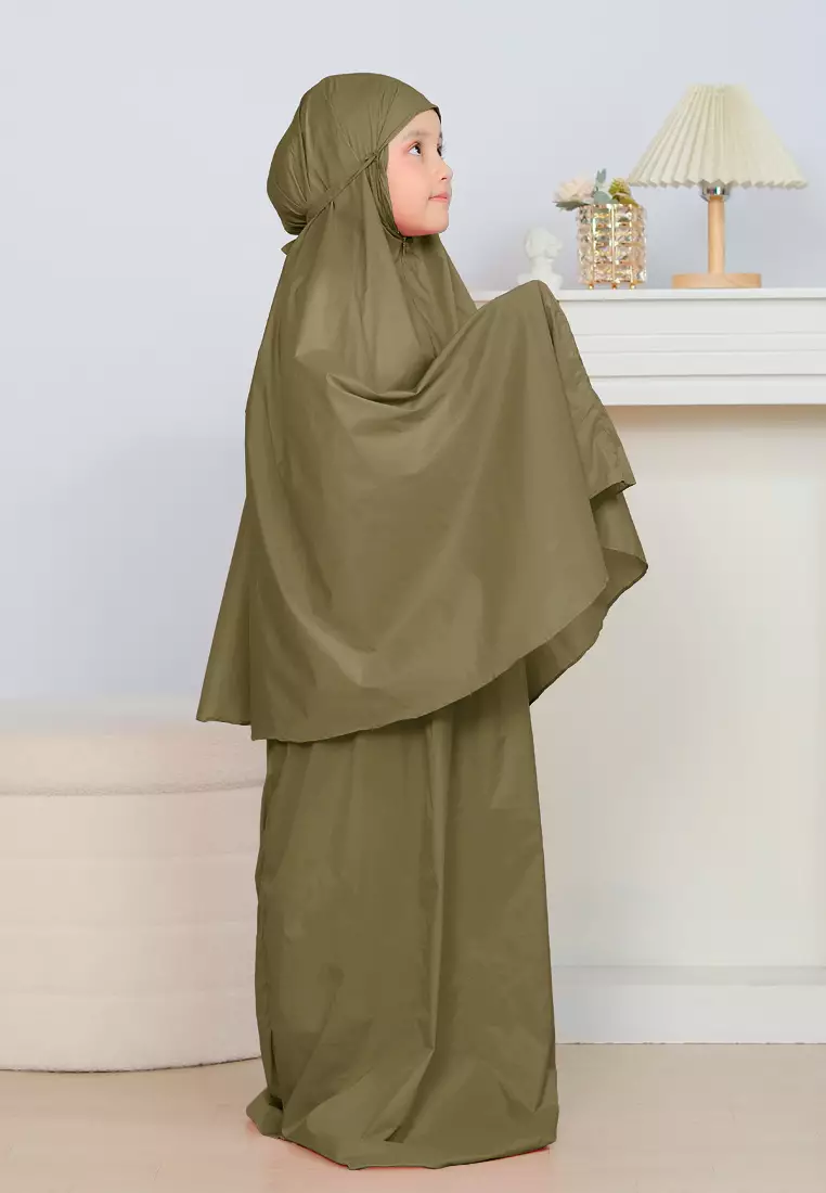 Zalwa Prayer Set | Mukena Travel Polos Resleting 2in1 | Mukena Anak - Green Olive 