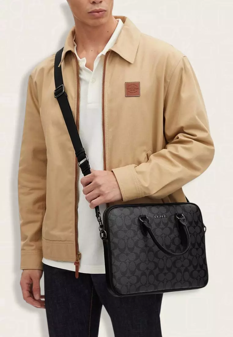 Coach Liam Compact Brief In Signature Canvas Charcoal