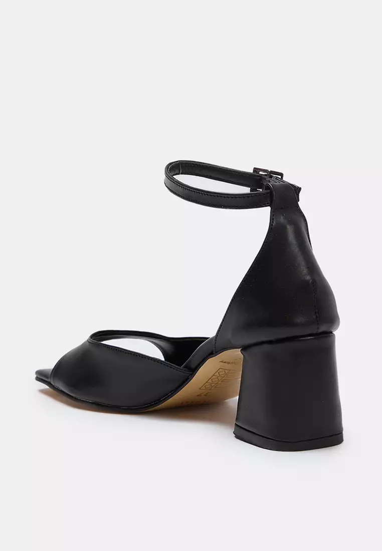 Black Ankle Strap Block Heel Square Toe Women's Heeled Shoes Takss25To00015