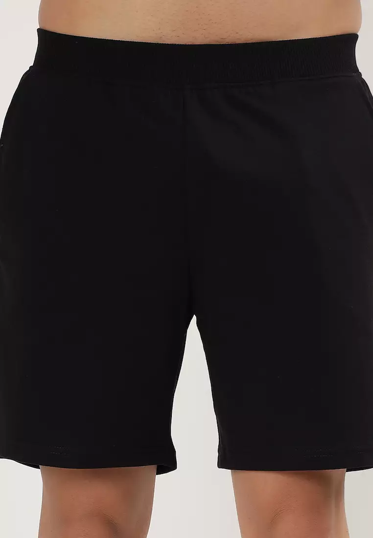 男士黑色棉质抽绳口袋短裤，休闲运动服，跑步，舒适