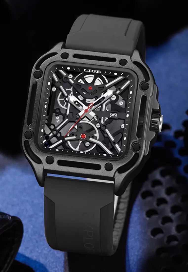 Unisex See Through Dial Square Quartz Watch 45mm, Black Rubber Strap