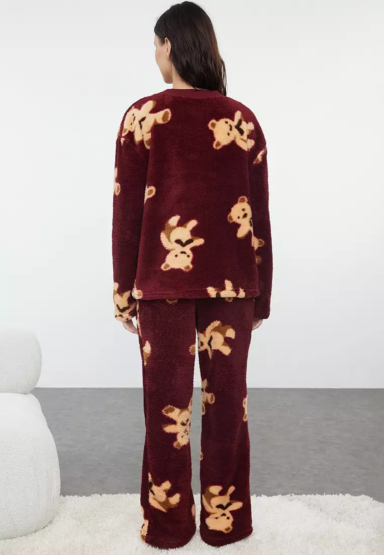 Claret Red Teddy Bear Wellsoft Winter Knitted Pajama Set THMAW25PT00055