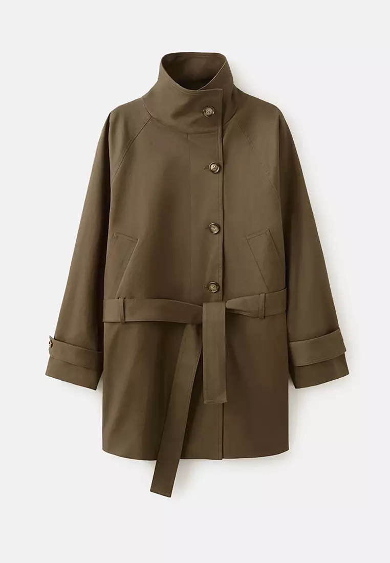 Funnel Neck Belted Trench Coat