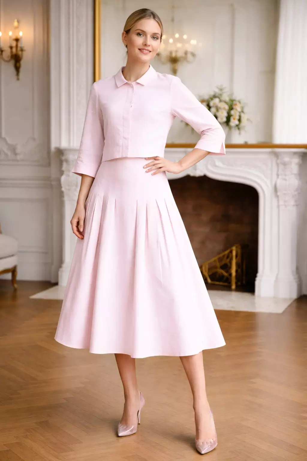  Demure Studio - Essentials Cropped Shirt & Skirt One Set Linen Soft Pink (One Set Shirt & Skirt)