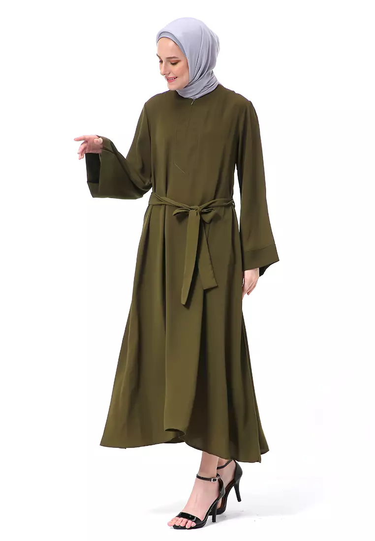 Khalisa Aiza Long Abaya Gamis Self Tie Belt Premium High Quality - Army
