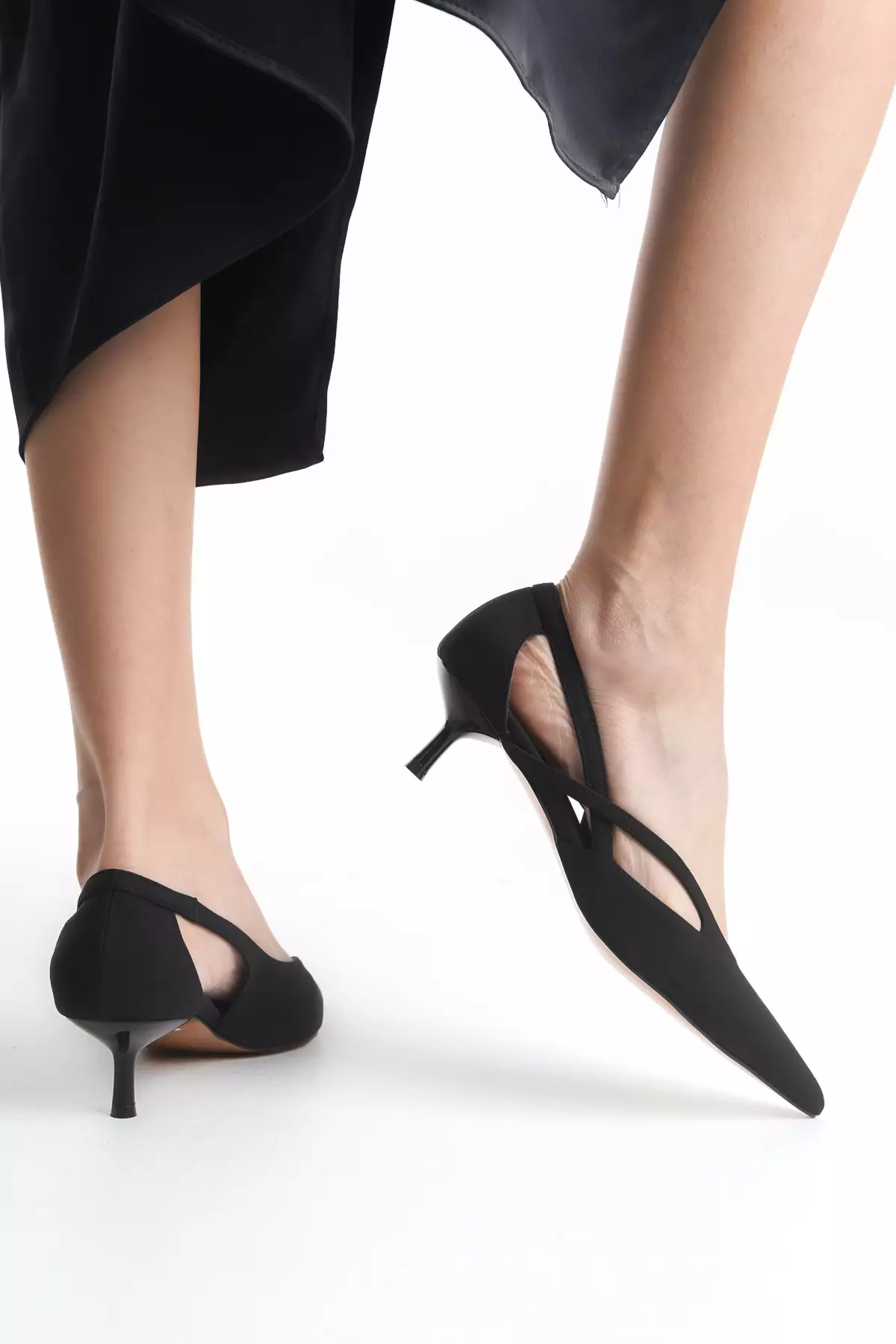 Black Cut Out Detailed Satin Pointed Toe Women's Kitten Heels Shoes Takss25To00079