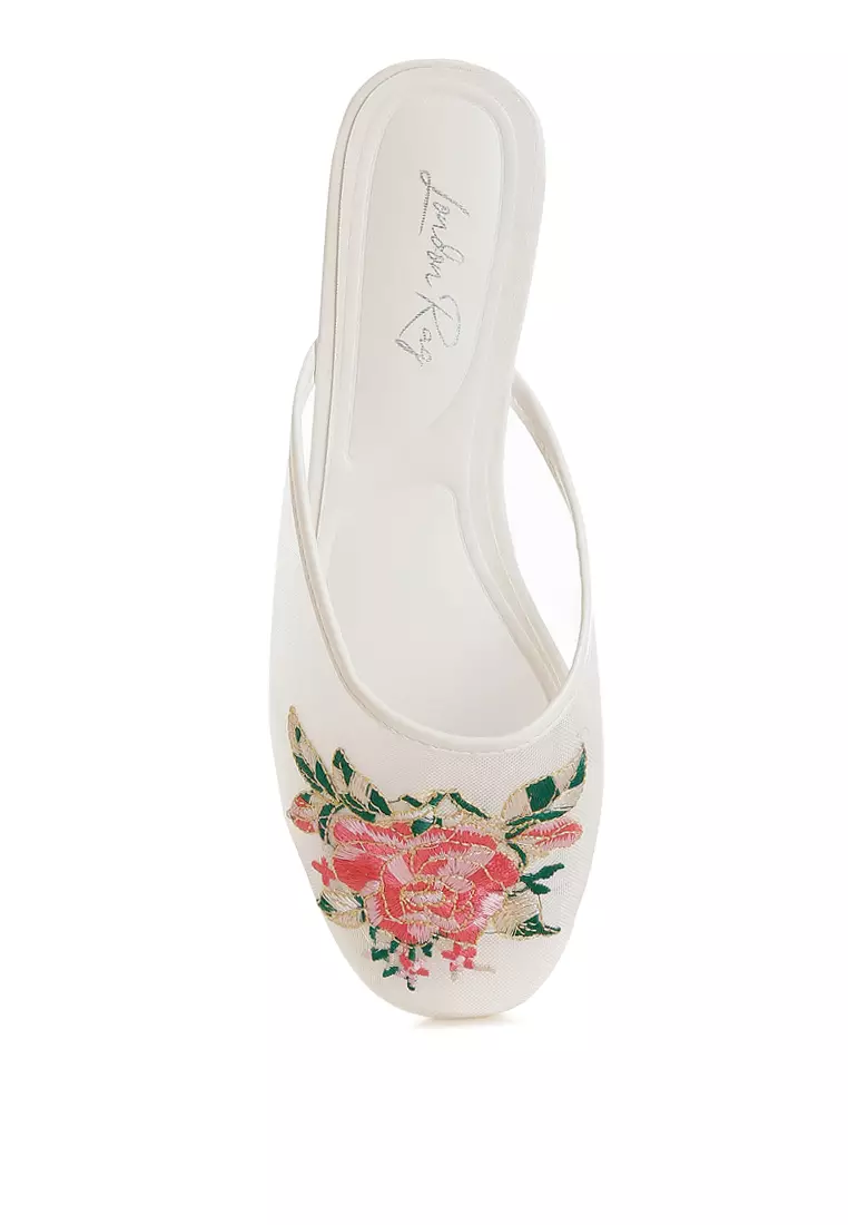 Floral Embroidered Mesh Mules in White