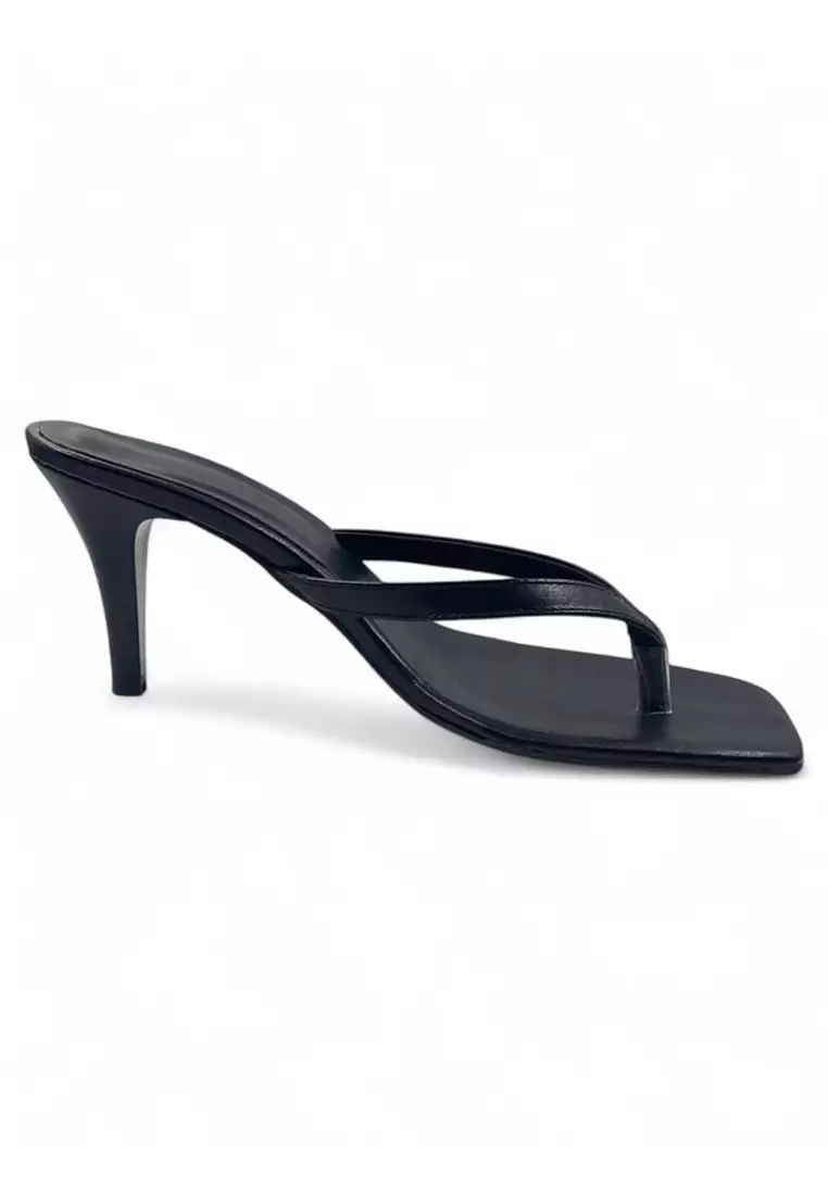 Black Square Toe Flip Flops Women Thin Heels Slippers Takss25To00096