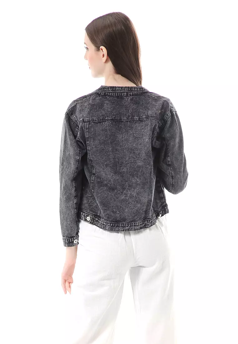 Bilah Jacket Jeans Biondy Atasan Wanita Crop All Size Premium Quality - Snow Black