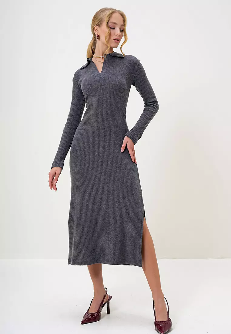 Women's Anthracite Polo Collar Half Placket Side Slit Interlock Fabric Dress