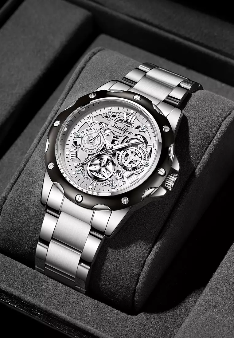 Jam Tangan Pria Kuarsa Luminous Tanggal Kasual Tali Stainless Steel Jam Tangan Cowok 8080 silverwhite