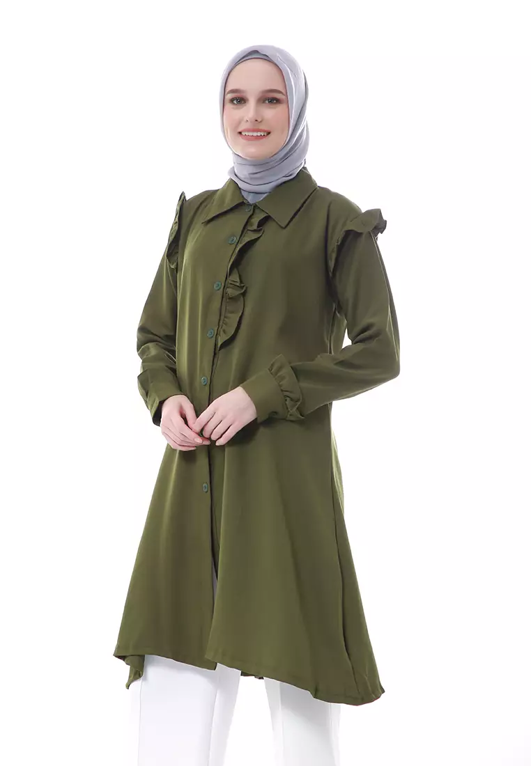 Zemira Tunik Atasan Wanita Motif Polos Long Sleeve - Army