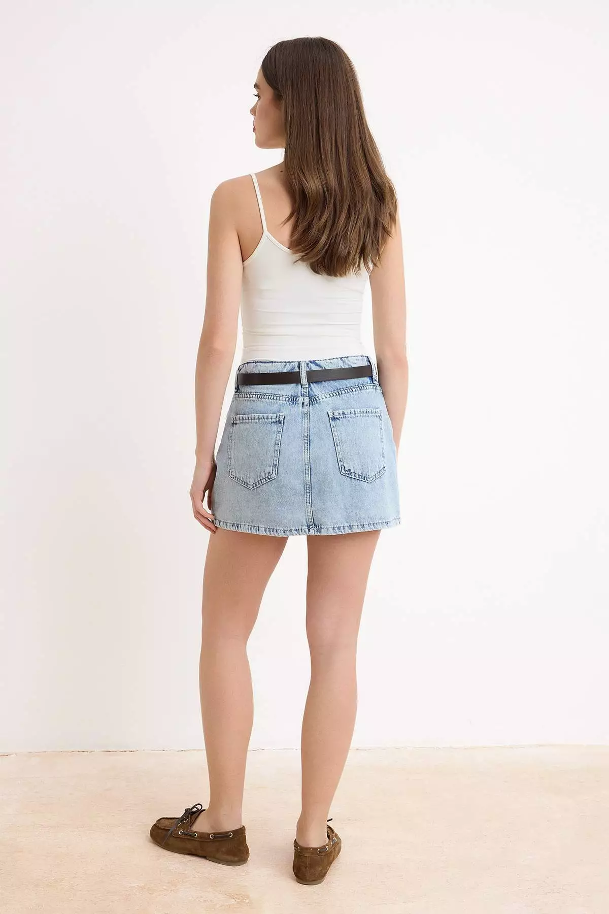 Light Blue Belt Detailed Denim Skirt With Skirt-Like Back Design Twoaw26Sr2