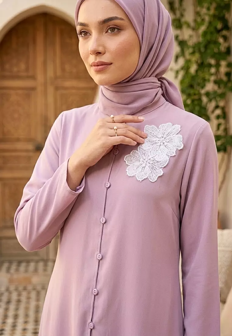 Baju Kurung Dengan lace detail tunic set pink– one set muslimah elegant button tunic By Brilliant Girl Warna PINK