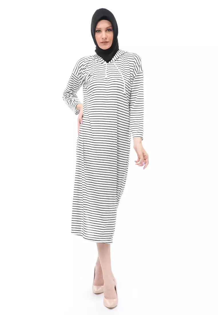 Mega Tunik Motif Stripe Atasan Wanita Long Sleeve Regular Fit - Putih K